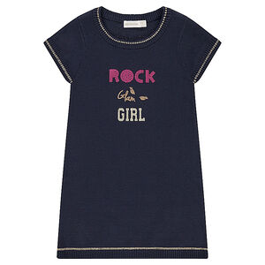 Robe manches courtes en tricot avec message brillant brodé sur le devant 