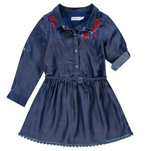 Robe manches longues effet jeans avec roses brodées 