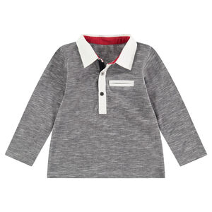 Polo manches longuesgris chiné avec col blanc boutonné 