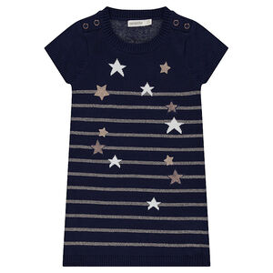 Robe manches courtes en tricot avec étoiles et rayures dorées 