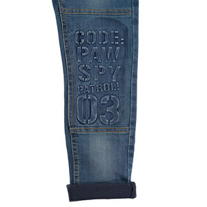 Jeans effet used doublé jersey élastiqué avec inscriptions en relief 