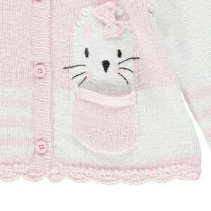 Gilet naissance en tricot et dentelle avec chat brodé 