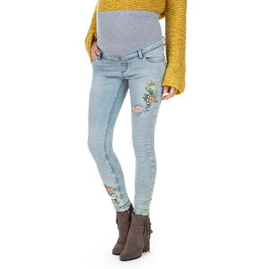 Jeans slim de grossesse effet used avec fleurs brodées 