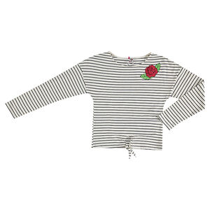Junior - Tee-shirt manches longues rayé avec rose brodée 