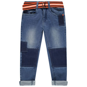 Jean effet used à empiècements et ceinture rayé amovible 