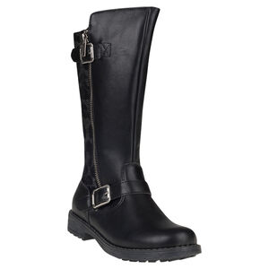 Bottes noires effet cuir avec boucles et empiècement léopard 