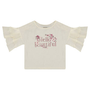 Tee-shirt à manches 3/4 volantées et inscription pailletée 