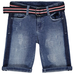 Bermuda en jean effet used à ceinture rayée amovible 