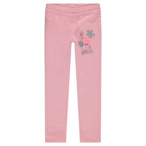 Jegging uni rose avec flamant rose en sherpa et palmiers printés 