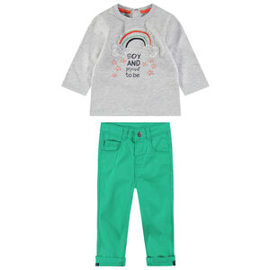 Ensemble tee-shirt manches longues avec arc-en-ciel brodé et pantalon vert 