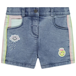 Short en jean effet used à bandes contrastées et Badges Smiley 