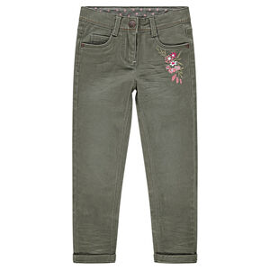 Jeans effet used kaki avec fleurs brodées 