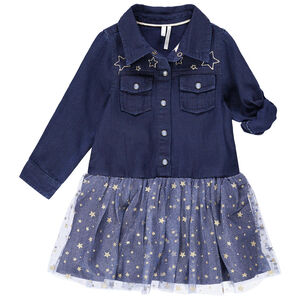 Robe manches longues bi-matière effet 2 en 1 à étoiles dorées 