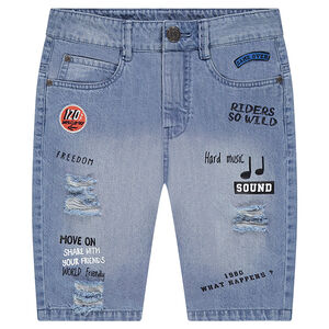 Junior - Bermuda en denim used avec inscriptions printées 