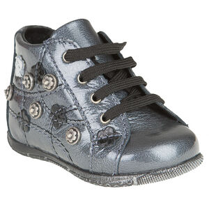 Bottillons vernis en cuir à lacets avec fleurs 