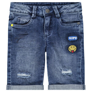 Bermuda en jeans avec usures et badges Smiley 