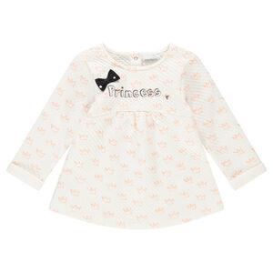 Tunique manches longues en coton gaufré avec couronnes printées all-over 