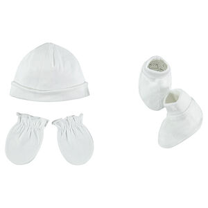 Ensemble bonnet, moufles et chaussons de naissance en jersey chiné 