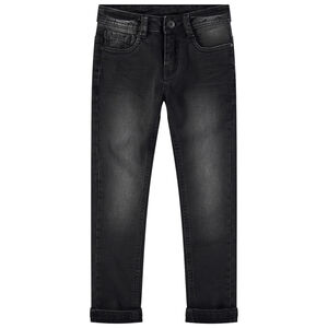 Jeans effet used et crinkle avec inscription en relief au dos 