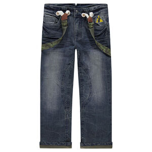 Jeans effet used et crinkle avec bretelles amovibles army 