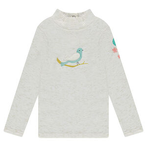 Sous-pull en jersey slub avec fil doré et oiseau brodé 