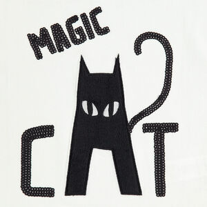 Tee-shirt manches longues avec sequins noirs et chat HALLOWEEN 