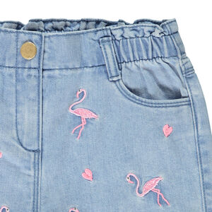 Short uni en denim avec flamants roses brodés fille 