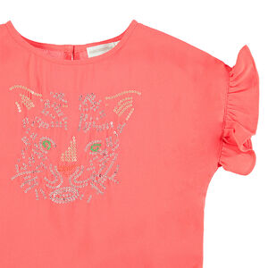 Top manches courtes en voile avec tigre en strass 