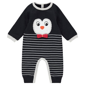Combinaison en tricot doublé velours avec pingouin en jacquard et rayures 