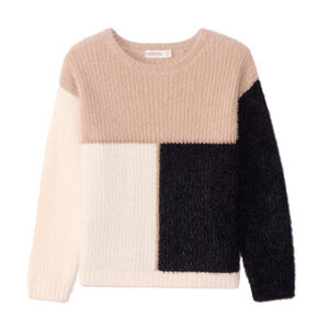 Pull manches longues en tricot pelucheux tricolore fille 