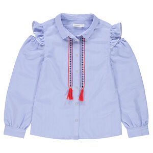 Junior - Chemise manches longues rayée avec épaules ajourées et frises brodées 