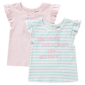 Lot de 2 tee-shirt manches courtes volantées uni/imprimé all-over 