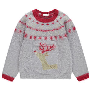 Pull de Noël en tricot poil avec élan en sequins dorés 