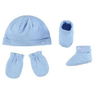 Ensemble bonnet uni, moufles et chaussons en jersey 