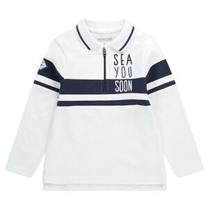 Polo manches longues en coton piqué avec broderies et col zippé 