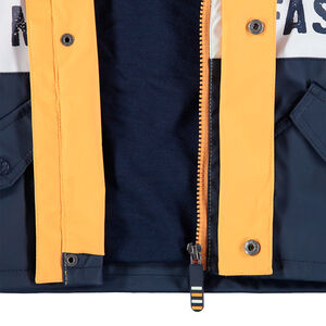 Parka en gomme tricolore avec inscriptions printées et doublure jersey 