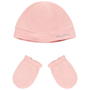 Ensemble bonnet et moufles rose en coton bio naissance 