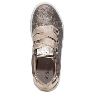 Baskets basses à paillettes avec lacets satinés et semelle compensée 