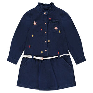 Robe manches longues en coton fantaisie effet jeans avec broderies contrastées 