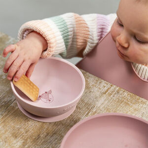 Coffret repas 4 pièces avec bavoir silicone – Biche Rose 