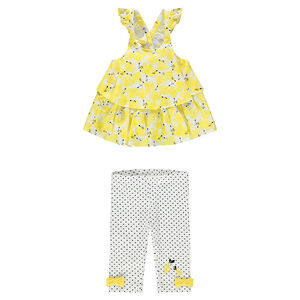 Ensemble avec tunique volantée imprimée et legging court à pois 