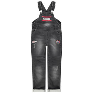 Salopette en jean effet used et crinkle avec prints et badges 