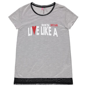 Junior - Tunique manches courtes rayée avec message printé et tulle 