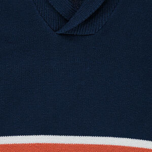 Pull en tricot avec rayures contrastées en jacquard et col châle 