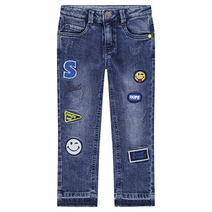 Jeans effet used avec badges patchés Smiley 