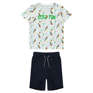 Ensemble avec tee-shirt imprimé perroquet et bermuda uni 