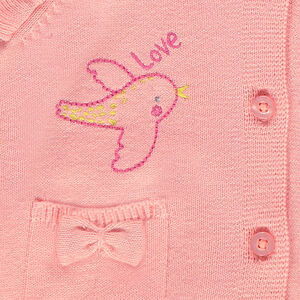 Gilet en tricot fin avec oiseau brodé et manches volantées 