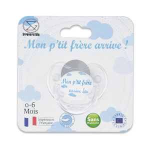 Sucette d'annonce en silicone 0-6M "Mon p'tit frère arrive !" 