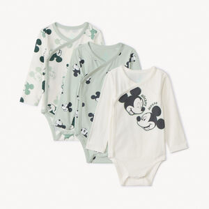 Lot de 3 bodies manches longues imprimé Mickey Disney pour bébé garçon avec ouvertures différentes selon l'âge 