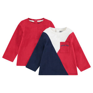 Lot de 2 Tee-shirts manches longues en jersey uni / contrasté avec poche 